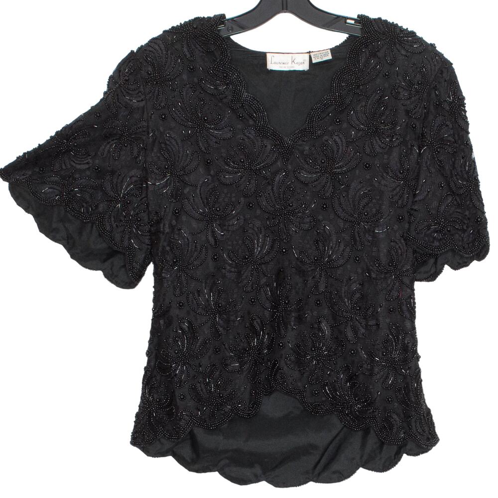 Vintage Laurence Kazar Top Beaded Lace Glam Old Money Romantic Goth Black Small